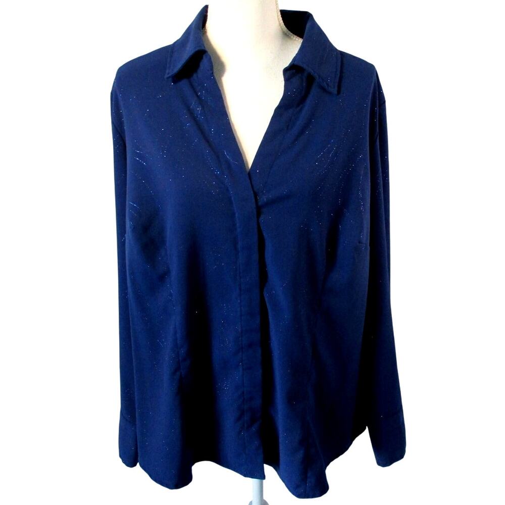 Croft & Barrow Women's Plus Blue Long Sleeve Sparkly Hidden Button Blouse 1X